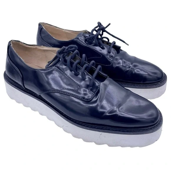 Zara Shoes Zara Patent Leather Laceup Navy Blue Platform Shoes